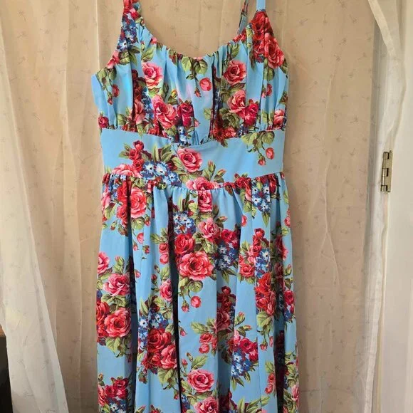 NWOT Ingenue Dress in Blue and Red Rose - Picture 2 of 3